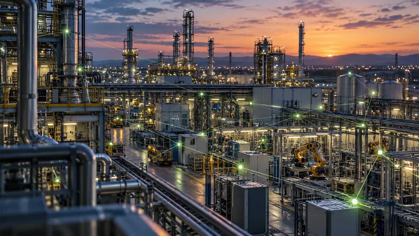 Eine Industrieanlage in der Dämmerung, deren Maschinen ein leuchtendes Netz aus Linien zu einem gemeinsamen Lagebild verbindet