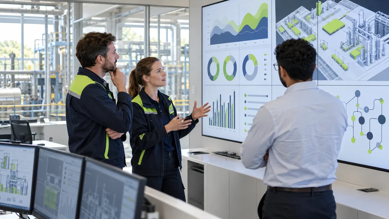 Ingenieurinnen und Ingenieure besprechen in einem hellen Leitstand eine Wandanzeige mit Diagrammen und einem Anlagenplan