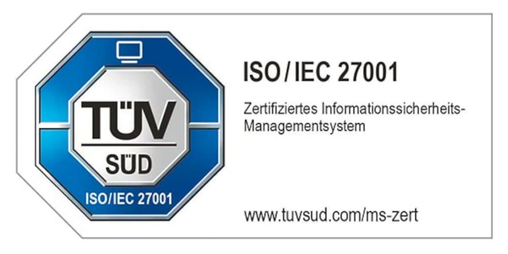 TÜV SÜD Prüfzeichen: ISO/IEC 27001 zertifiziertes Informationssicherheits-Managementsystem