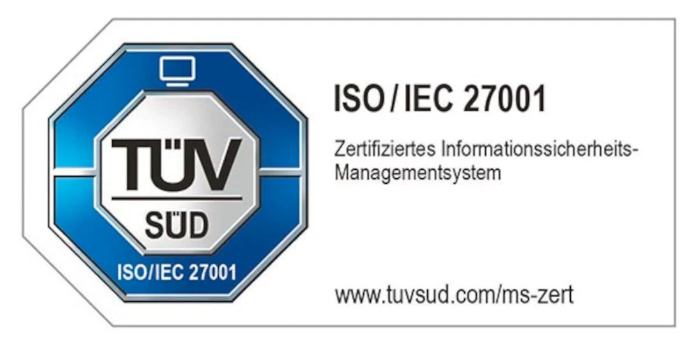 TÜV SÜD Prüfzeichen: ISO/IEC 27001 zertifiziertes Informationssicherheits-Managementsystem